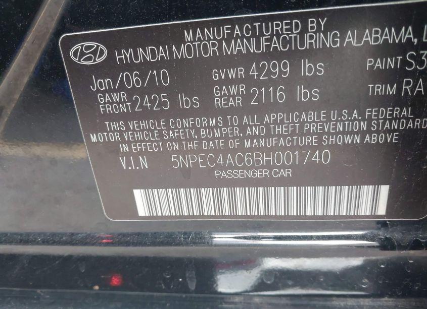 Photo 9 of 2011 Hyundai Sonata LIMITED (VIN 5NPEC4AC6BH001740)