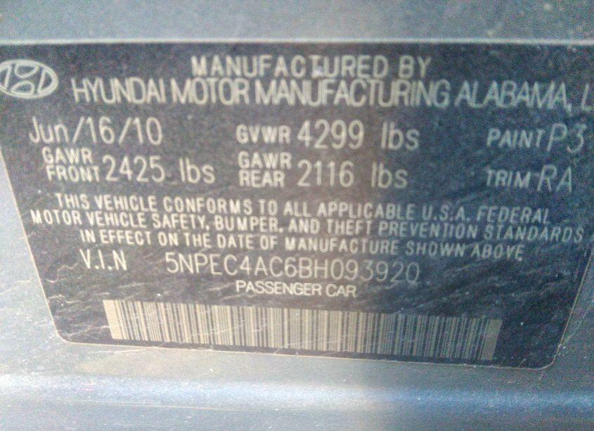 Photo 9 of 2011 Hyundai Sonata SE (VIN 5NPEC4AC6BH093920)