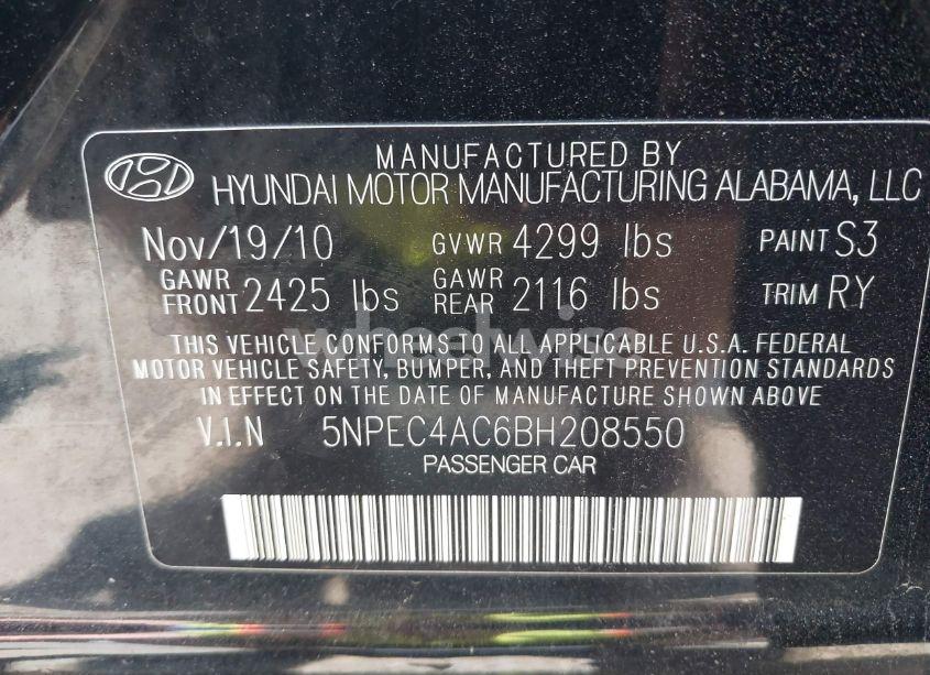Photo 9 of 2011 Hyundai Sonata SE (VIN 5NPEC4AC6BH208550)