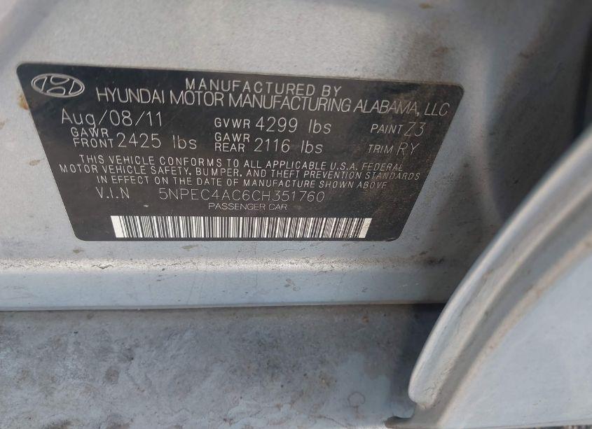 Photo 9 of 2012 Hyundai Sonata SE (VIN 5NPEC4AC6CH351760)