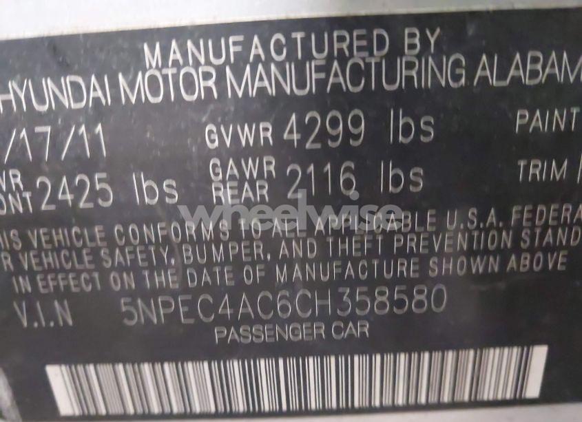 Photo 9 of 2012 Hyundai Sonata LIMITED (VIN 5NPEC4AC6CH358580)