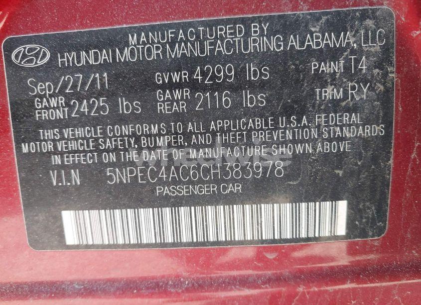 Photo 9 of 2012 Hyundai Sonata SE (VIN 5NPEC4AC6CH383978)