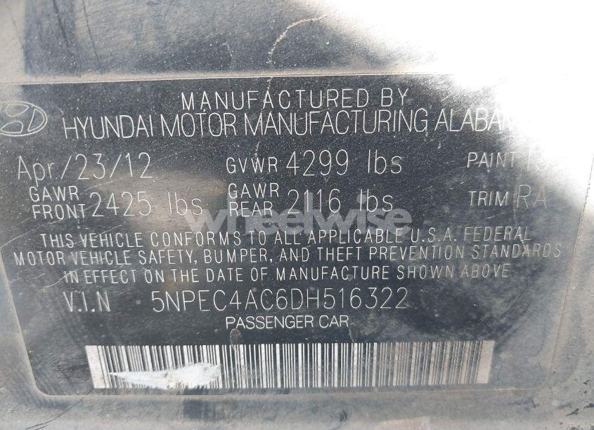 Photo 9 of 2013 Hyundai Sonata LIMITED (VIN 5NPEC4AC6DH516322)