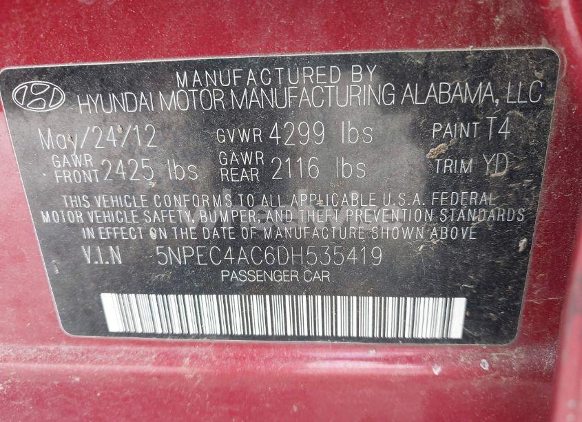 Photo 9 of 2013 Hyundai Sonata LIMITED (VIN 5NPEC4AC6DH535419)