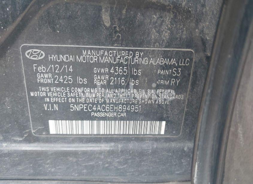 Photo 9 of 2014 Hyundai Sonata SE (VIN 5NPEC4AC6EH894951)
