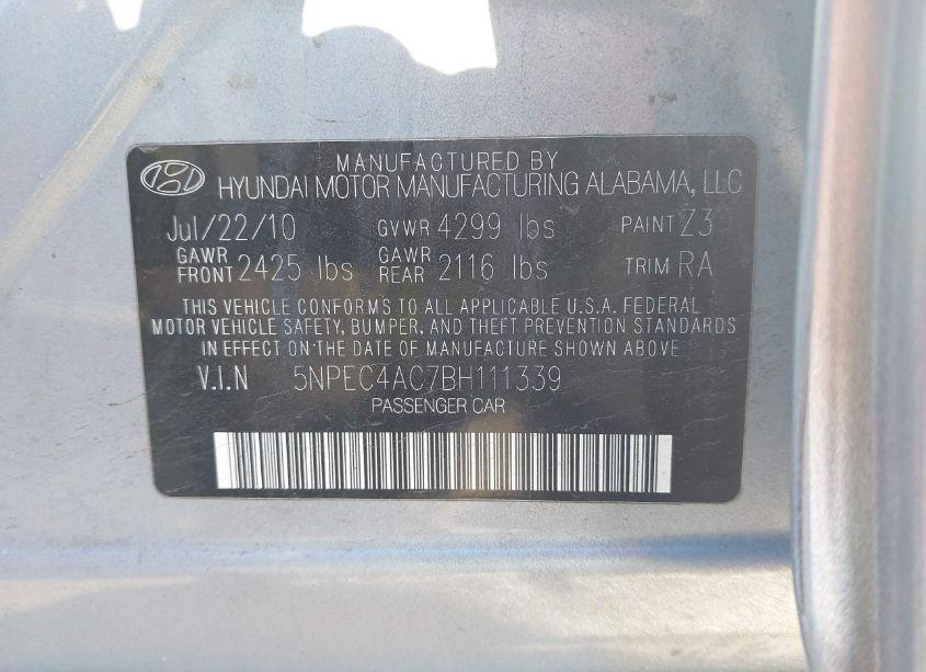 Photo 9 of 2011 Hyundai Sonata LIMITED (VIN 5NPEC4AC7BH111339)