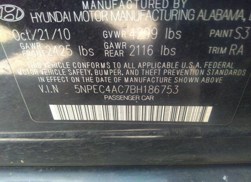 Photo 9 of 2011 Hyundai Sonata LIMITED (VIN 5NPEC4AC7BH186753)