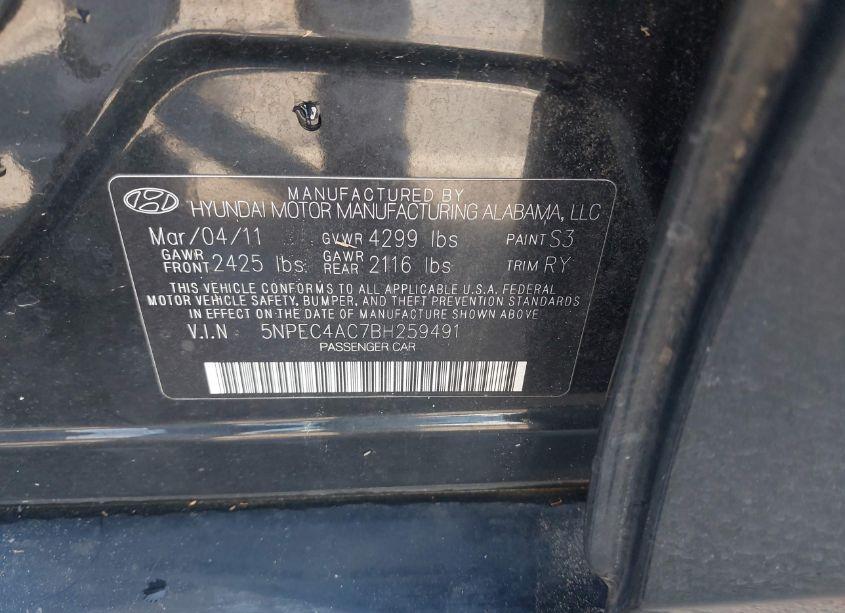 Photo 9 of 2011 Hyundai Sonata LIMITED (VIN 5NPEC4AC7BH259491)