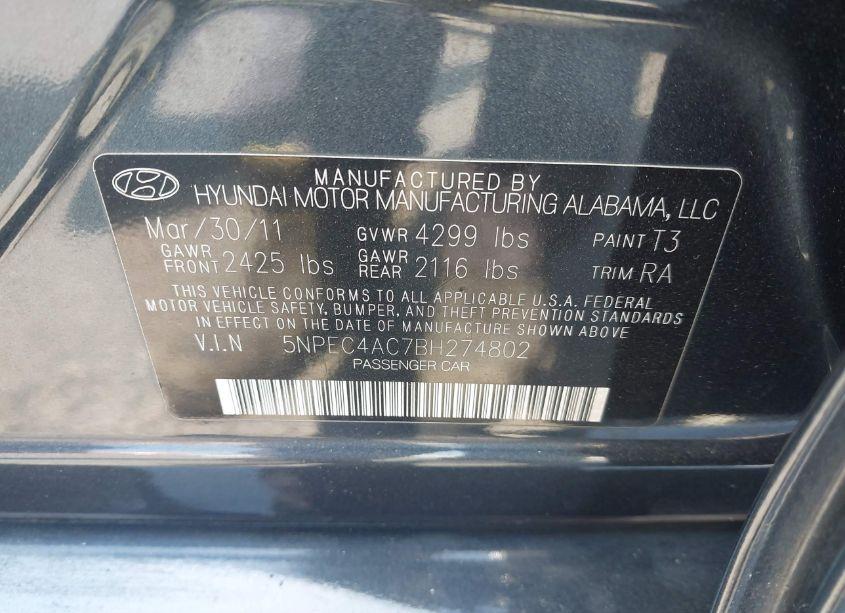 Photo 9 of 2011 Hyundai Sonata SE (VIN 5NPEC4AC7BH274802)