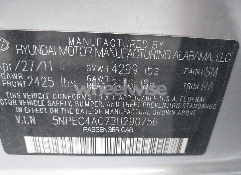 Photo 9 of 2011 Hyundai Sonata SE (VIN 5NPEC4AC7BH290756)