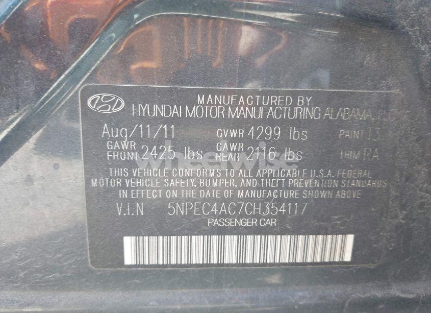 Photo 9 of 2012 Hyundai Sonata SE (VIN 5NPEC4AC7CH354117)