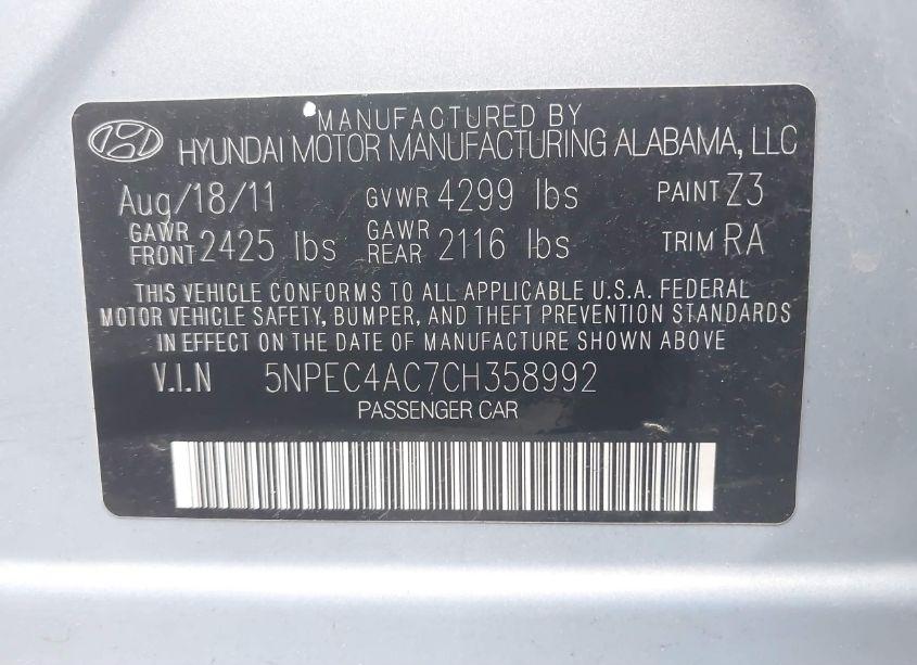 Photo 9 of 2012 Hyundai Sonata LIMITED (VIN 5NPEC4AC7CH358992)