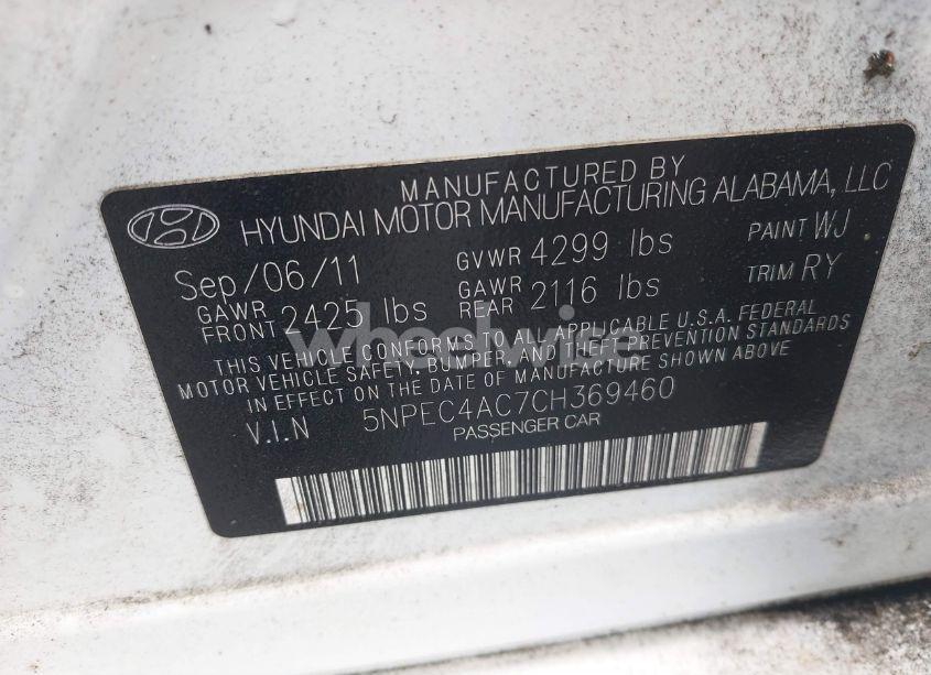 Photo 9 of 2012 Hyundai Sonata SE (VIN 5NPEC4AC7CH369460)
