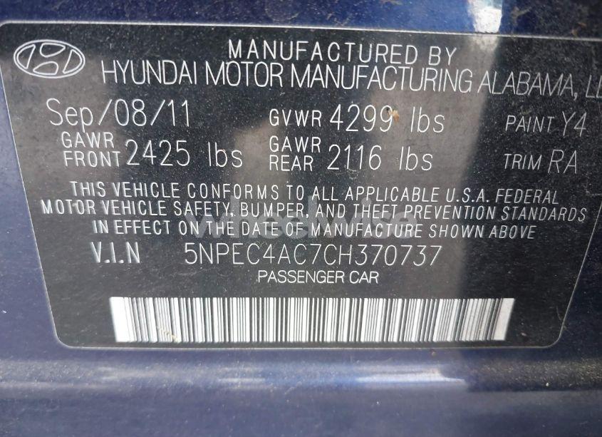 Photo 9 of 2012 Hyundai Sonata SE (VIN 5NPEC4AC7CH370737)