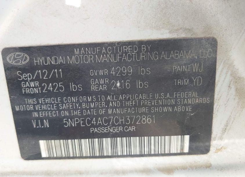 Photo 9 of 2012 Hyundai Sonata 2.4L LIMITED (VIN 5NPEC4AC7CH372861)