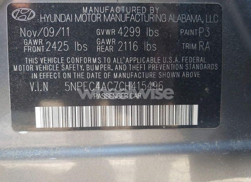 Photo 9 of 2012 Hyundai Sonata LIMITED (VIN 5NPEC4AC7CH415496)