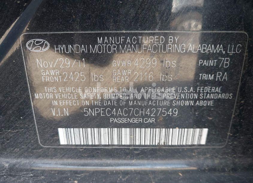 Photo 9 of 2012 Hyundai Sonata LIMITED (VIN 5NPEC4AC7CH427549)