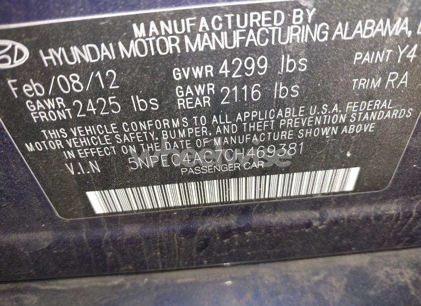 Photo 9 of 2012 Hyundai Sonata SE (VIN 5NPEC4AC7CH469381)