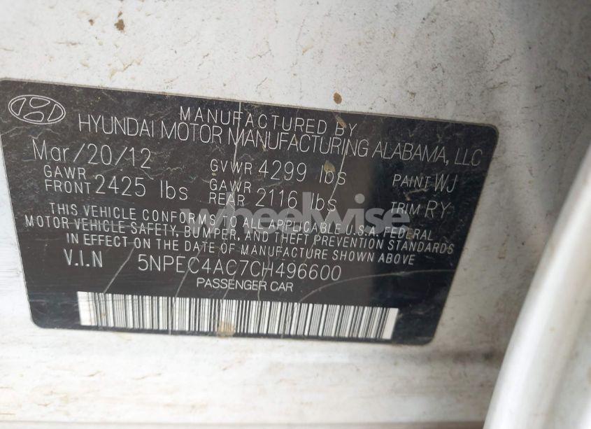 Photo 9 of 2012 Hyundai Sonata SE (VIN 5NPEC4AC7CH496600)