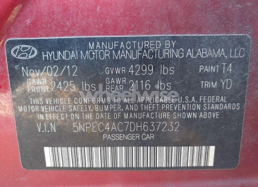 Photo 9 of 2013 Hyundai Sonata LIMITED (VIN 5NPEC4AC7DH637232)