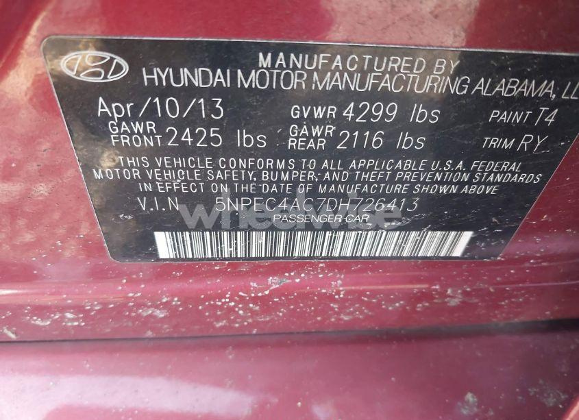 Photo 9 of 2013 Hyundai Sonata SE (VIN 5NPEC4AC7DH726413)