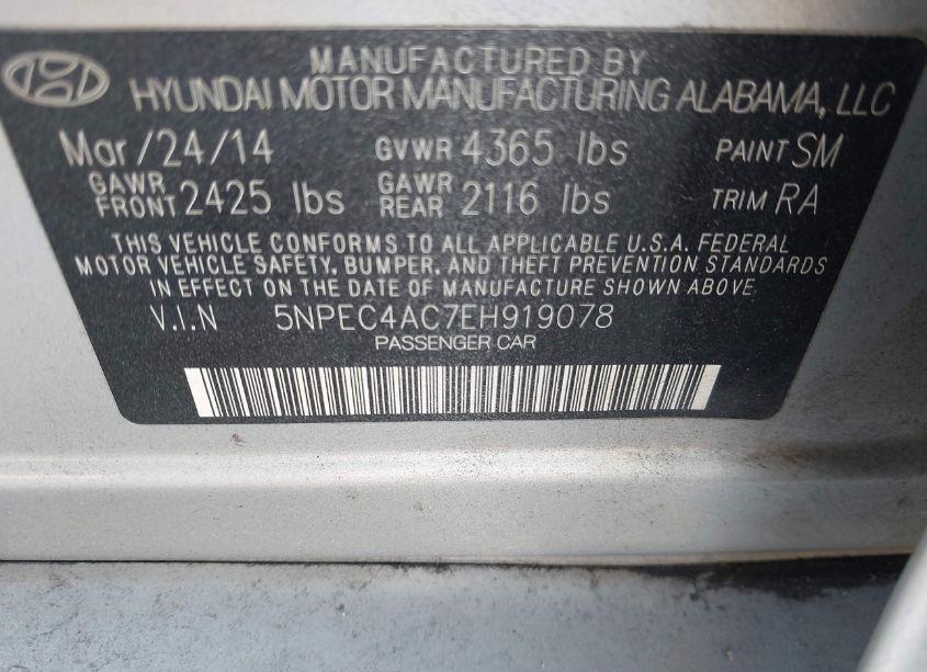 Photo 9 of 2014 Hyundai Sonata SE (VIN 5NPEC4AC7EH919078)
