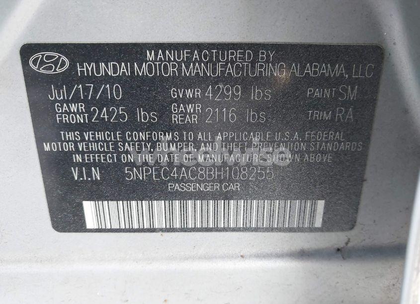 Photo 9 of 2011 Hyundai Sonata SE (VIN 5NPEC4AC8BH108255)