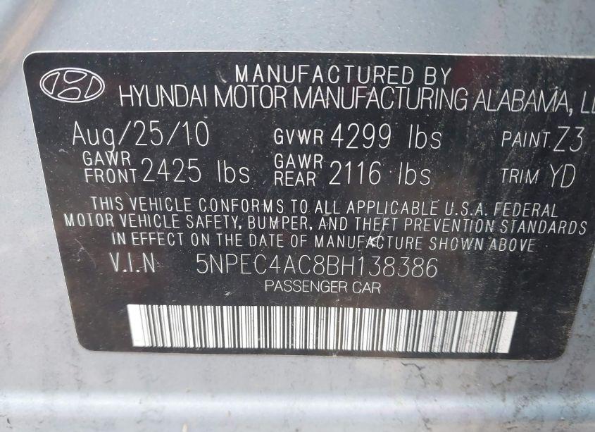 Photo 9 of 2011 Hyundai Sonata LIMITED (VIN 5NPEC4AC8BH138386)