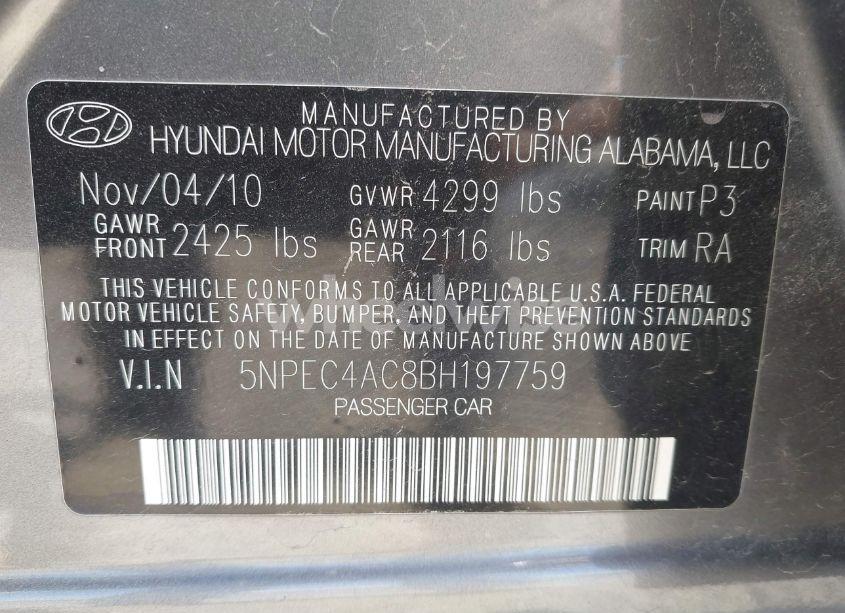 Photo 9 of 2011 Hyundai Sonata SE (VIN 5NPEC4AC8BH197759)