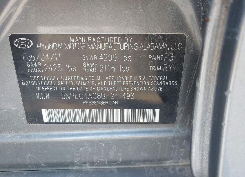 Photo 9 of 2011 Hyundai Sonata LIMITED (VIN 5NPEC4AC8BH241498)