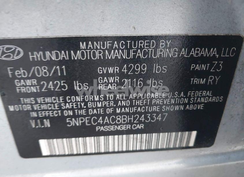 Photo 9 of 2011 Hyundai Sonata SE (VIN 5NPEC4AC8BH243347)