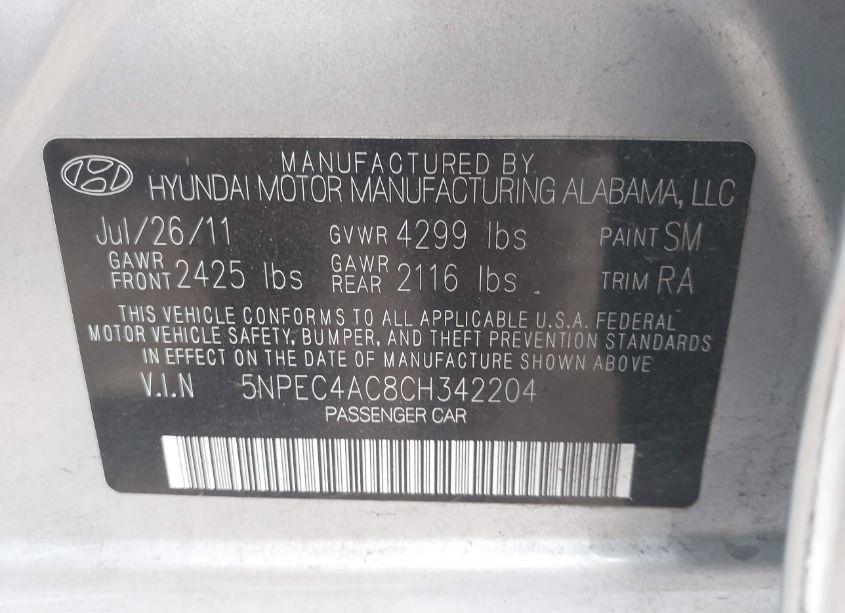 Photo 9 of 2012 Hyundai Sonata LIMITED (VIN 5NPEC4AC8CH342204)