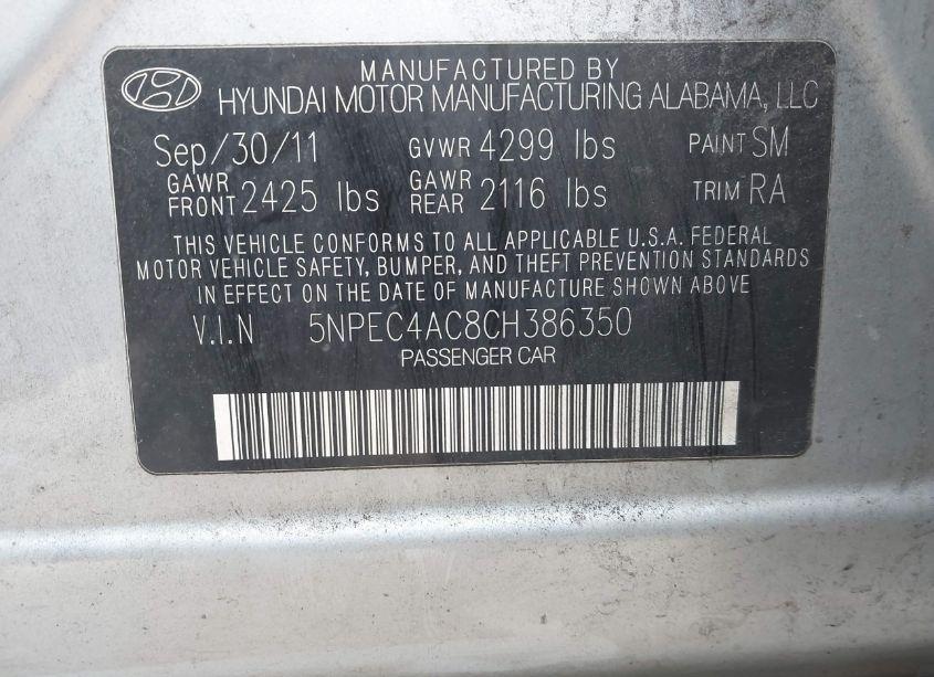 Photo 9 of 2012 Hyundai Sonata SE (VIN 5NPEC4AC8CH386350)