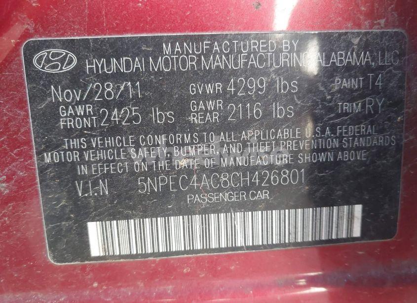 Photo 9 of 2012 Hyundai Sonata SE (VIN 5NPEC4AC8CH426801)