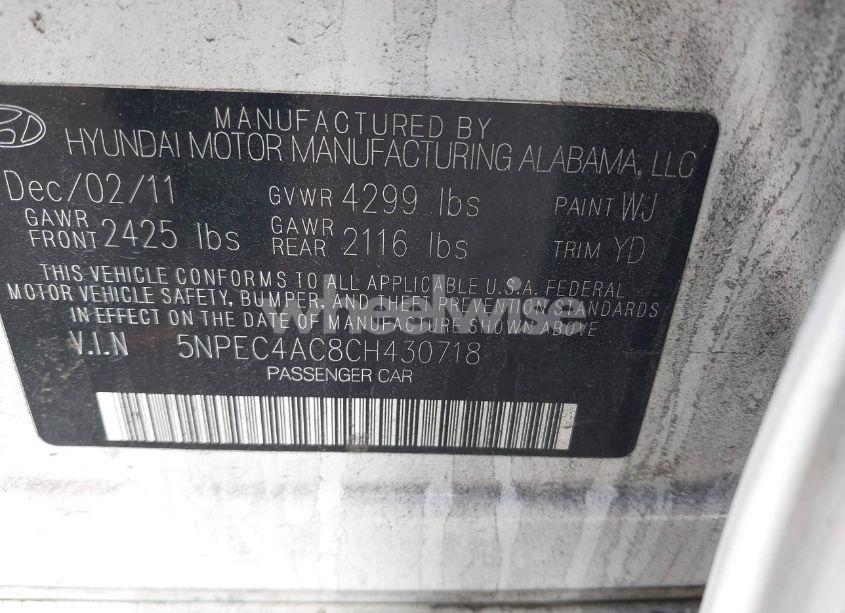 Photo 9 of 2012 Hyundai Sonata LIMITED (VIN 5NPEC4AC8CH430718)