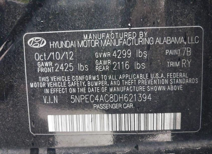 Photo 9 of 2013 Hyundai Sonata SE (VIN 5NPEC4AC8DH621394)