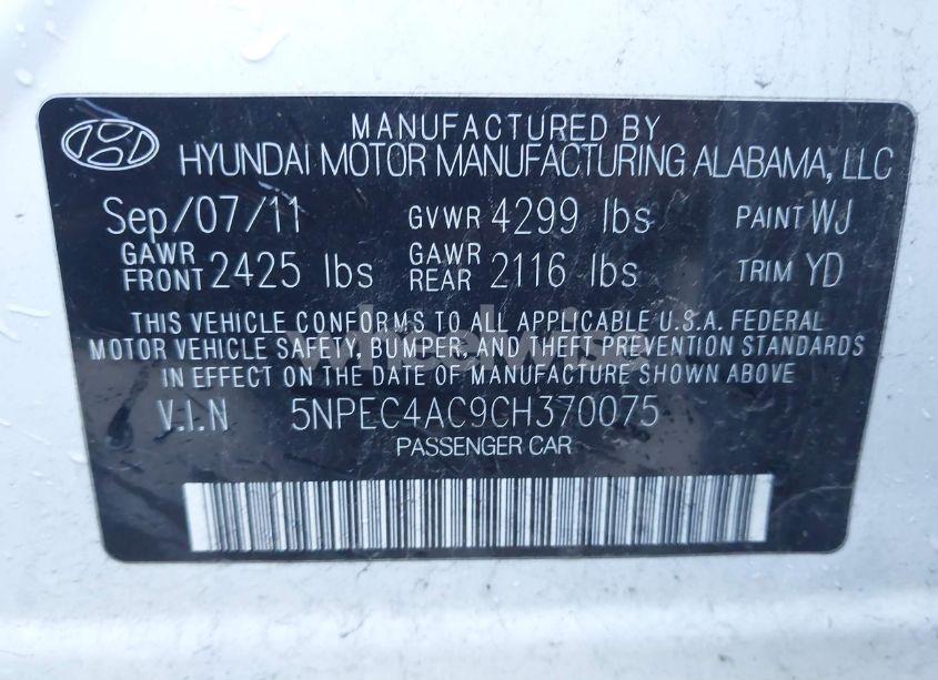 Photo 9 of 2012 Hyundai Sonata LIMITED (VIN 5NPEC4AC9CH370075)