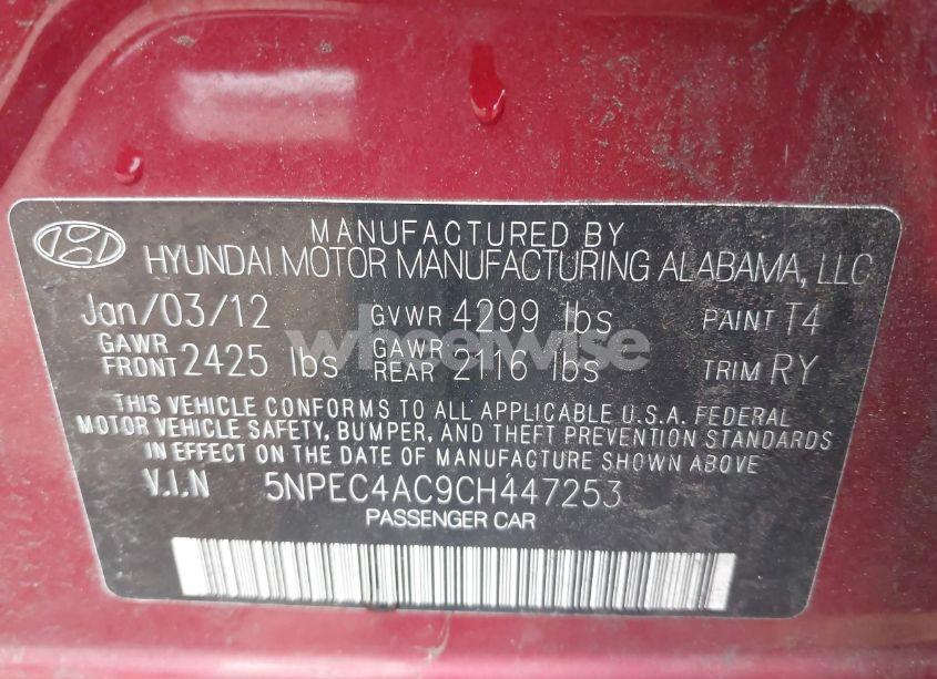 Photo 9 of 2012 Hyundai Sonata SE (VIN 5NPEC4AC9CH447253)