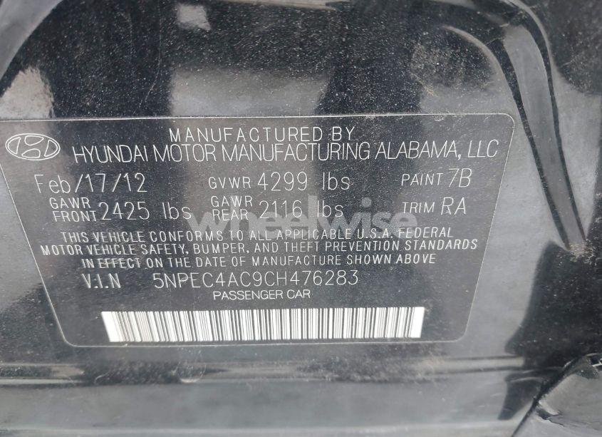 Photo 9 of 2012 Hyundai Sonata 2.4L LIMITED (VIN 5NPEC4AC9CH476283)