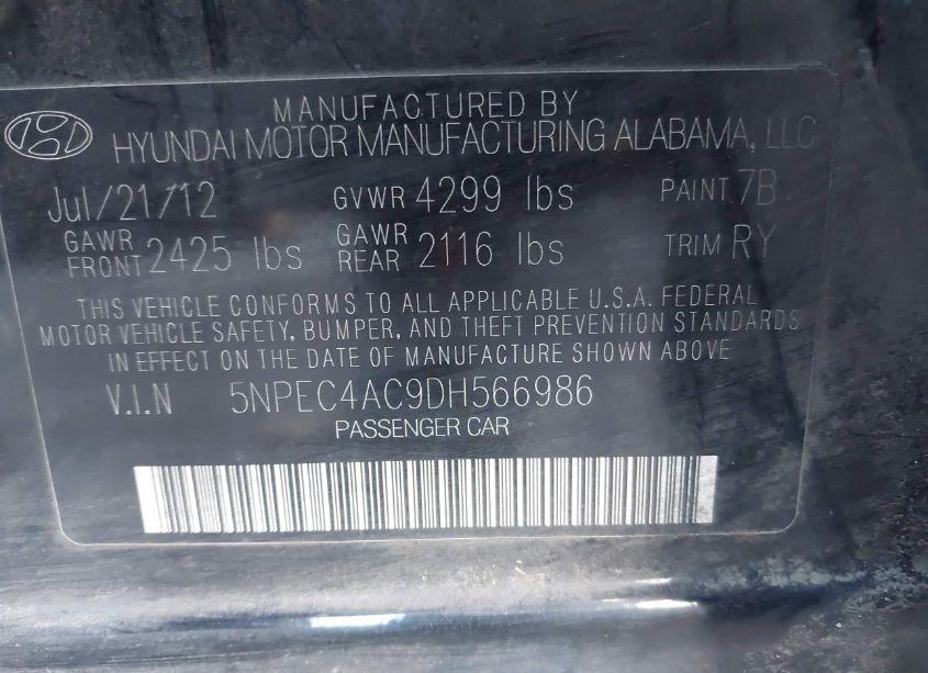 Photo 9 of 2013 Hyundai Sonata SE (VIN 5NPEC4AC9DH566986)