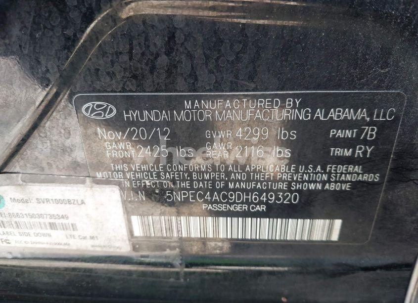 Photo 9 of 2013 Hyundai Sonata SE (VIN 5NPEC4AC9DH649320)