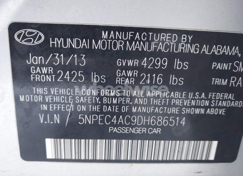 Photo 9 of 2013 Hyundai Sonata SE (VIN 5NPEC4AC9DH686514)