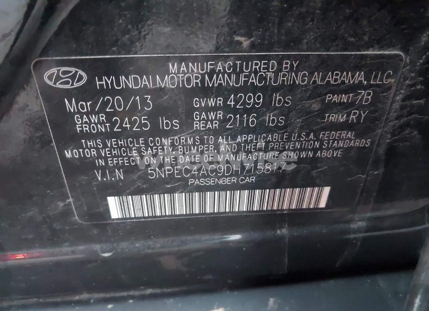 Photo 9 of 2013 Hyundai Sonata SE (VIN 5NPEC4AC9DH715817)
