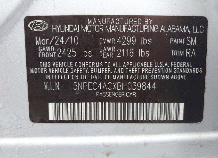 Photo 9 of 2011 Hyundai Sonata SE (VIN 5NPEC4ACXBH039844)