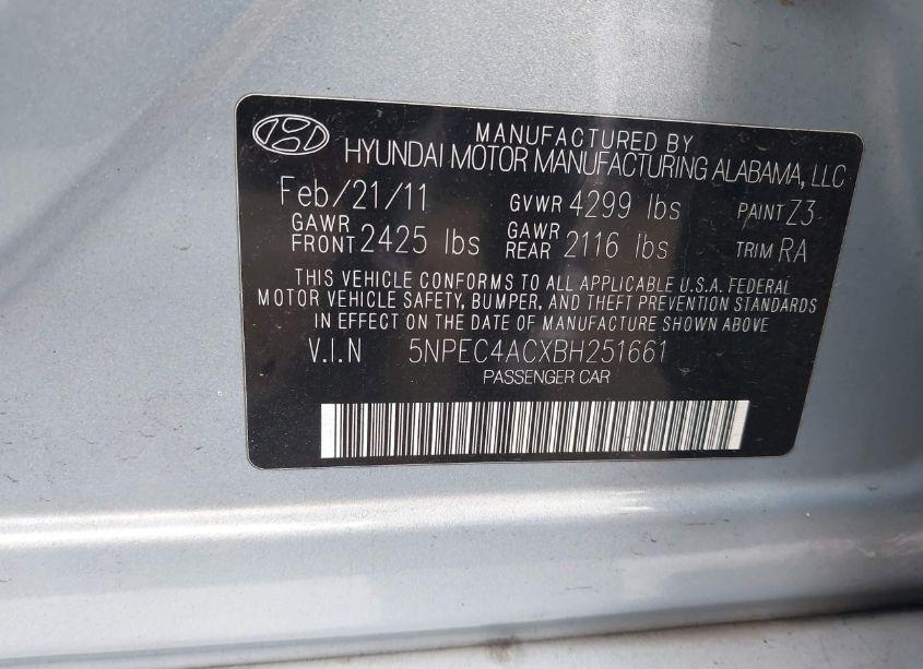 Photo 9 of 2011 Hyundai Sonata LIMITED (VIN 5NPEC4ACXBH251661)