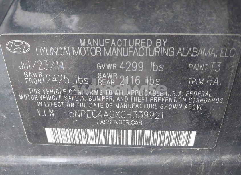Photo 9 of 2012 Hyundai Sonata SE (VIN 5NPEC4ACXCH339921)