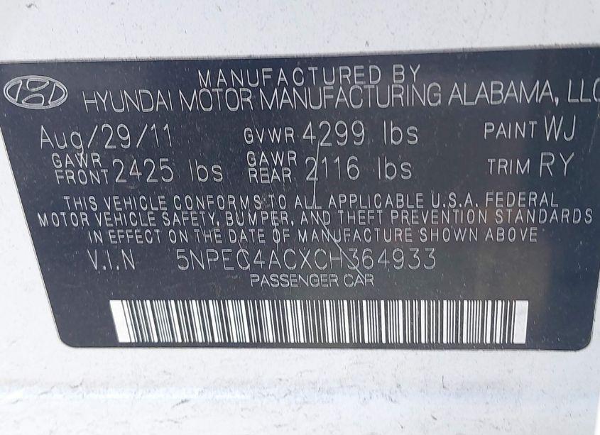 Photo 9 of 2012 Hyundai Sonata SE (VIN 5NPEC4ACXCH364933)