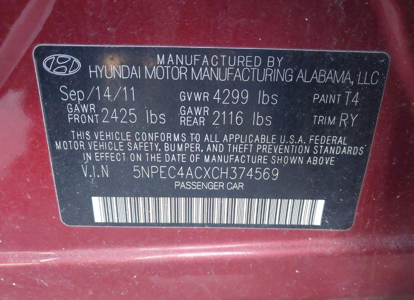 Photo 9 of 2012 Hyundai Sonata SE (VIN 5NPEC4ACXCH374569)