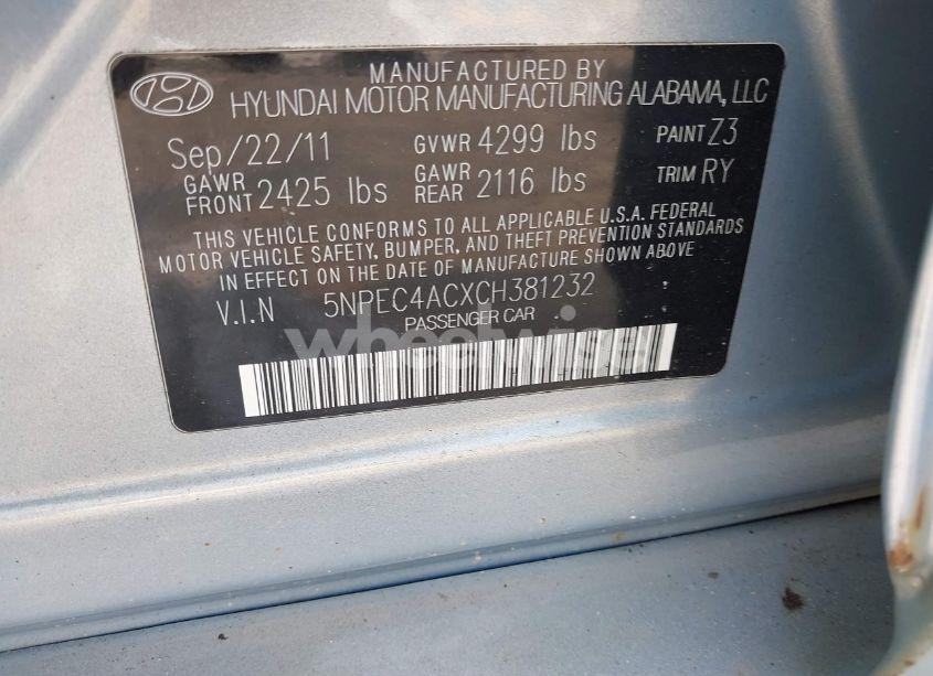 Photo 9 of 2012 Hyundai Sonata SE (VIN 5NPEC4ACXCH381232)