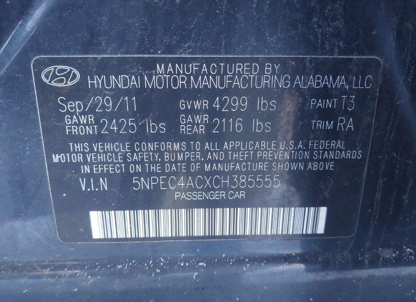 Photo 9 of 2012 Hyundai Sonata SE (VIN 5NPEC4ACXCH385555)